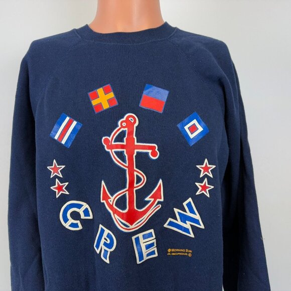 Vintage 90s Morning Sun Crewneck Sweatshirt Mens Size XL Blue Anchor Flags USA - Picture 1 of 5